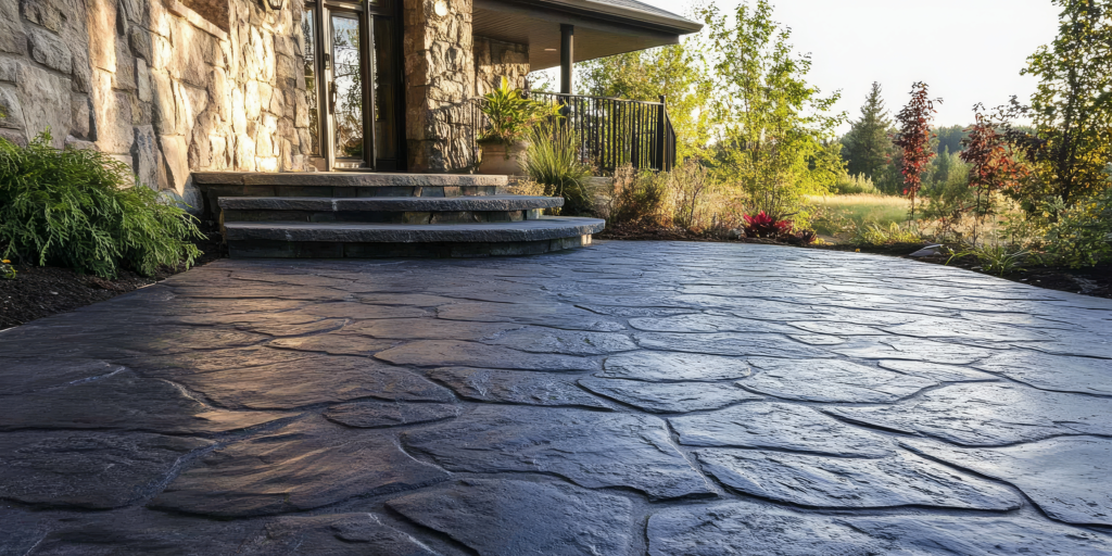 Textured concrete patio with stone-like appearance, surrounded by greenery and leading to a residential entryway, illustrating durable outdoor surfaces for commercial properties in Market Common, SC.