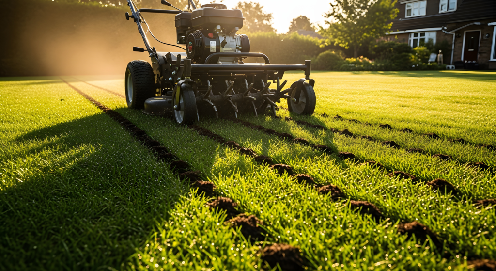 Lawn aeration machine creating furrows in healthy grass, enhancing soil health for optimal growth in Myrtle Beach, SC.