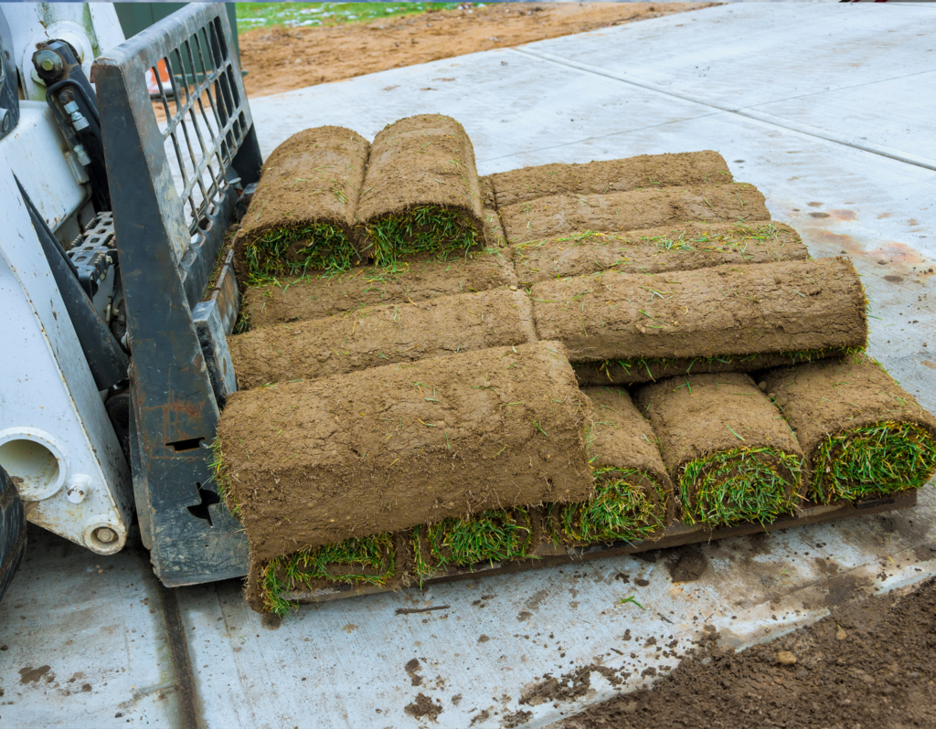 Commercial sod rolls on a pallet, ready for installation, showcasing freshly cut grass and soil, emphasizing professional landscaping for commercial properties in Socastee, SC.